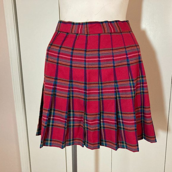Mini School Girl Pleated Skirt Red, Green, Yellow Plaid High Waist Size 4 - Picture 1 of 4